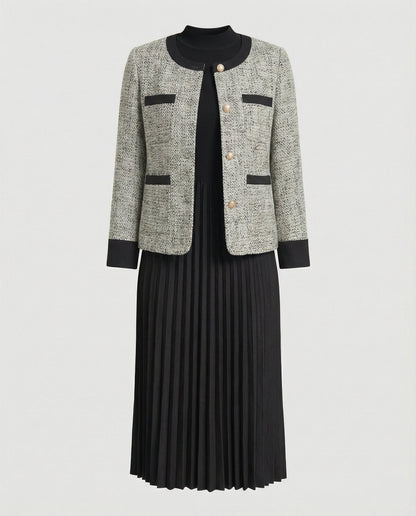 Bouclé-Jacke Ensemble mit Rundhals und Plissierrock