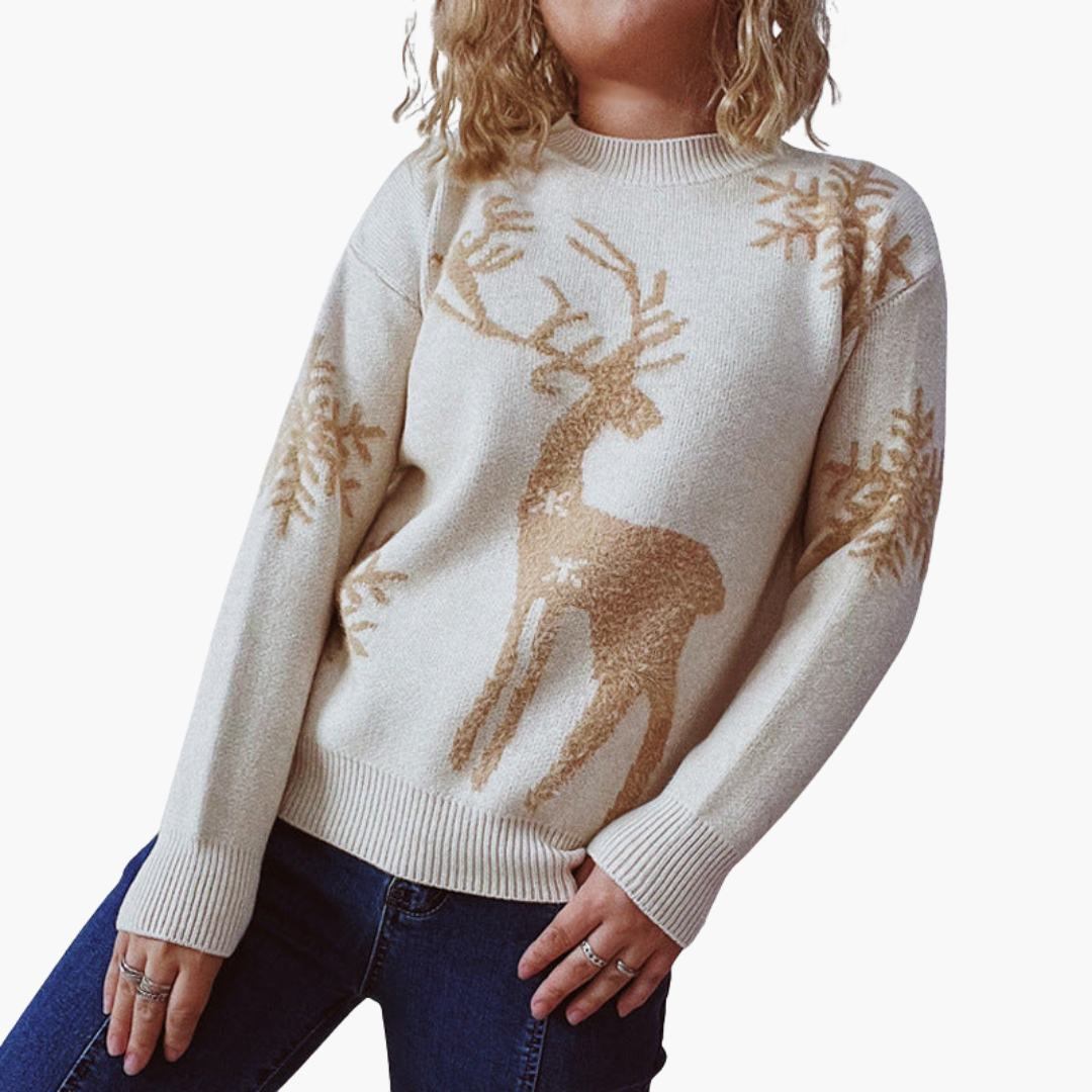 Damen pullover mit Rentiermotiv und Rippdetails 1