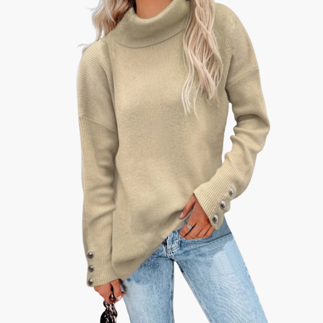 Damen pullover mit Rollkragen und Knopfmanschetten 1
