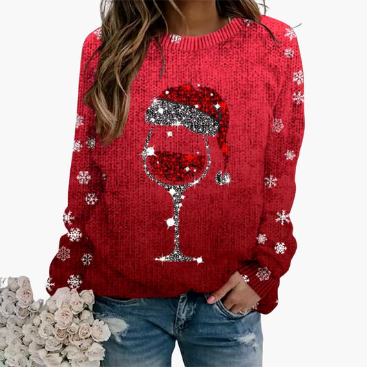 Damenpullover mit Weinglas und Schneeflockenmotiv 0