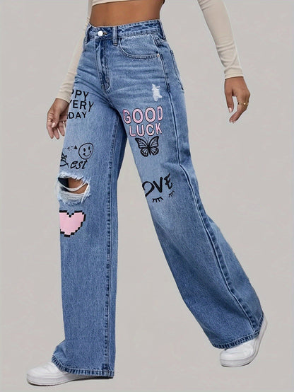 Große Jeans mit Herz- und Graffiti-Print Trendig