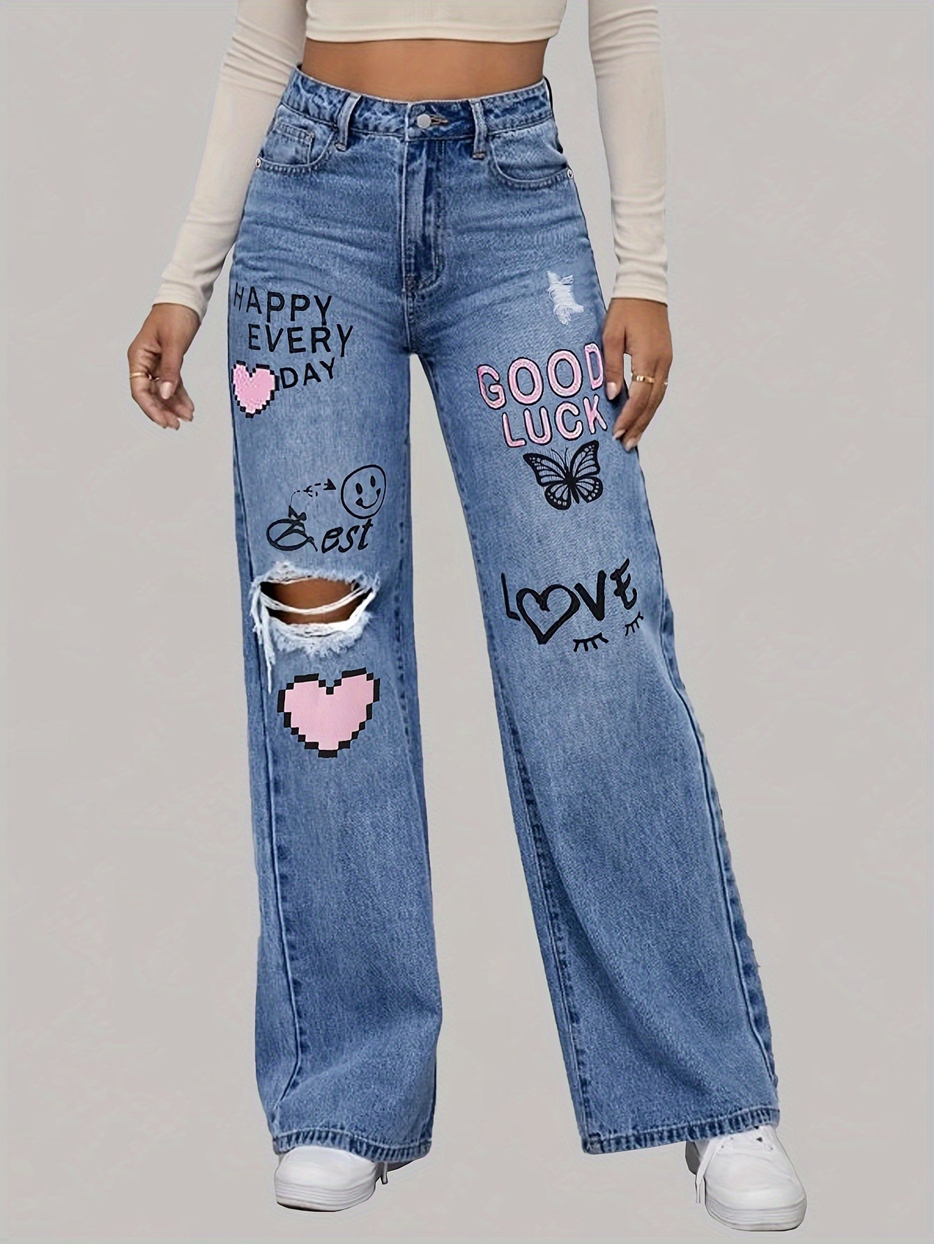 Große Jeans mit Herz- und Graffiti-Print Trendig