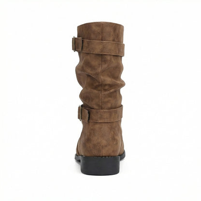 Damen Stiefel Mittellang Schnallenriemen Vintage Stil