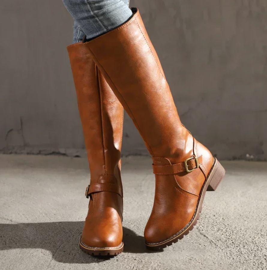 Kniehohe Damenstiefel mit Niedrigem Absatz und Reißverschluss