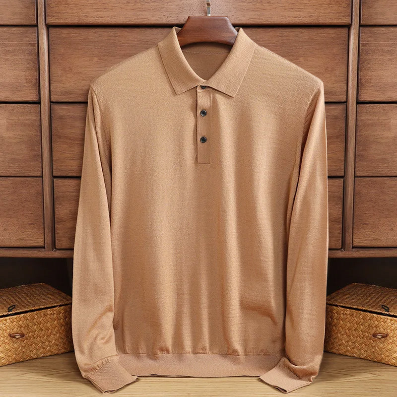 Herren Langarmshirt Merino Wolle Polo Kragen Warm