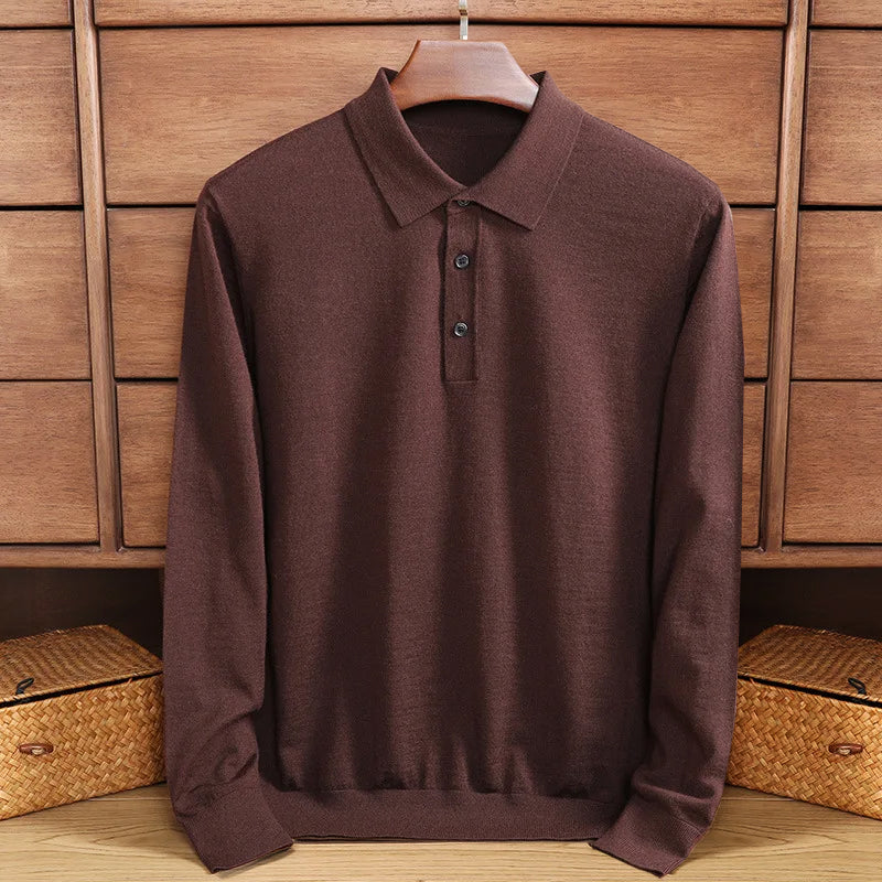 Herren Langarmshirt Merino Wolle Polo Kragen Warm