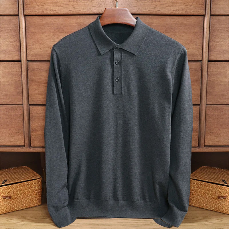 Herren Langarmshirt Merino Wolle Polo Kragen Warm