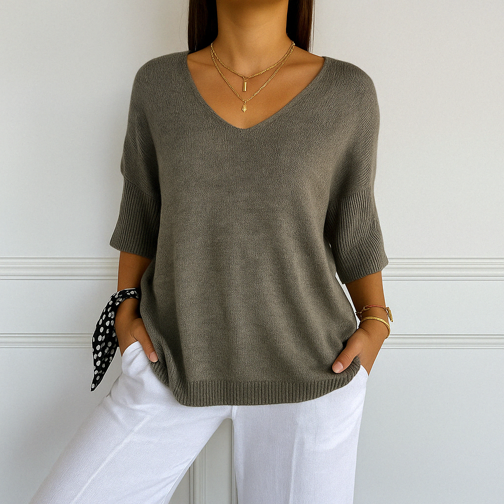 Damen Pullover V-Ausschnitt Kurzarm Sommer - BerlinGlamour