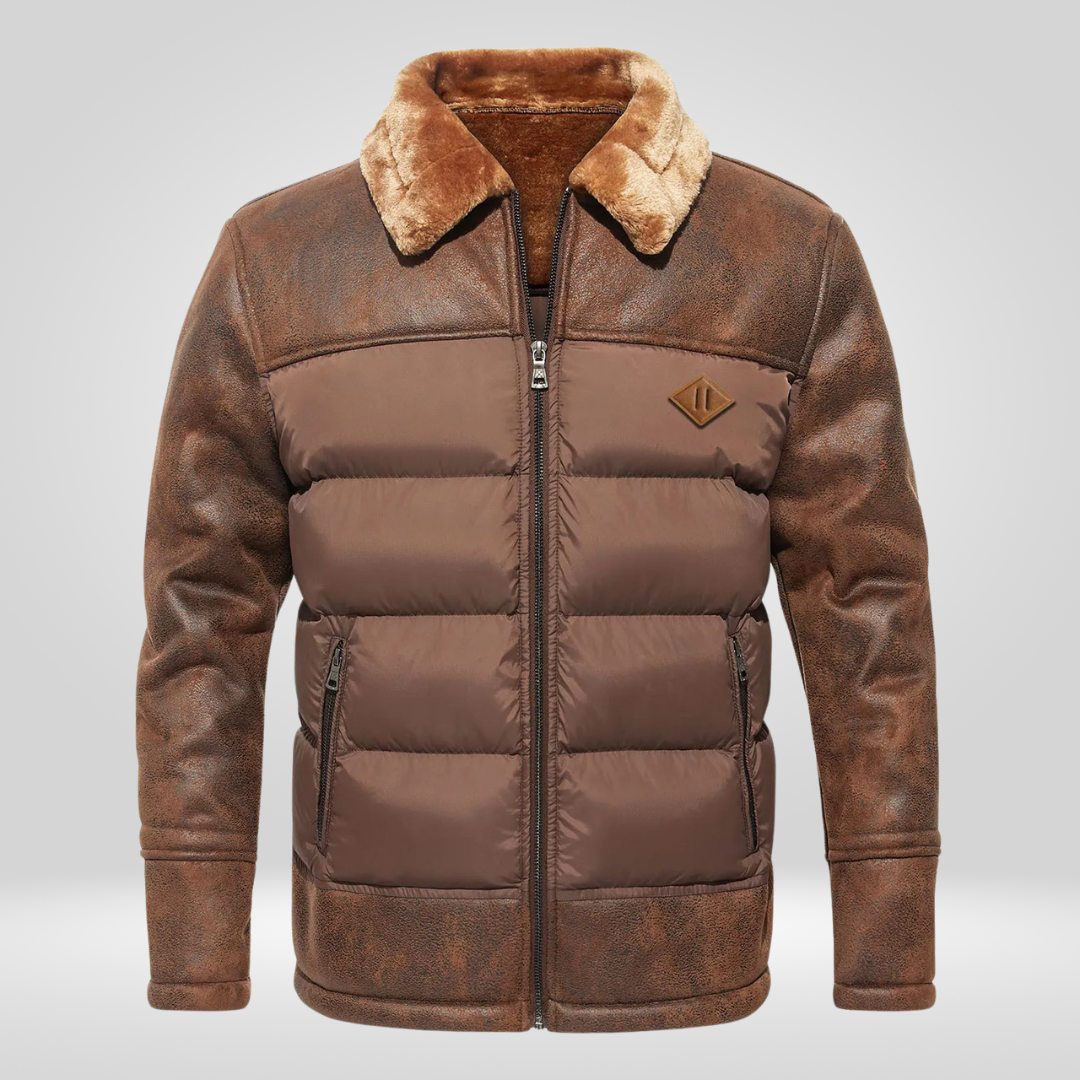 Daunenjacke – mit Reißverschluss – Pelzkragen – Winterlederjacke – Winterjacke für Männer-Chaps Herrenmode