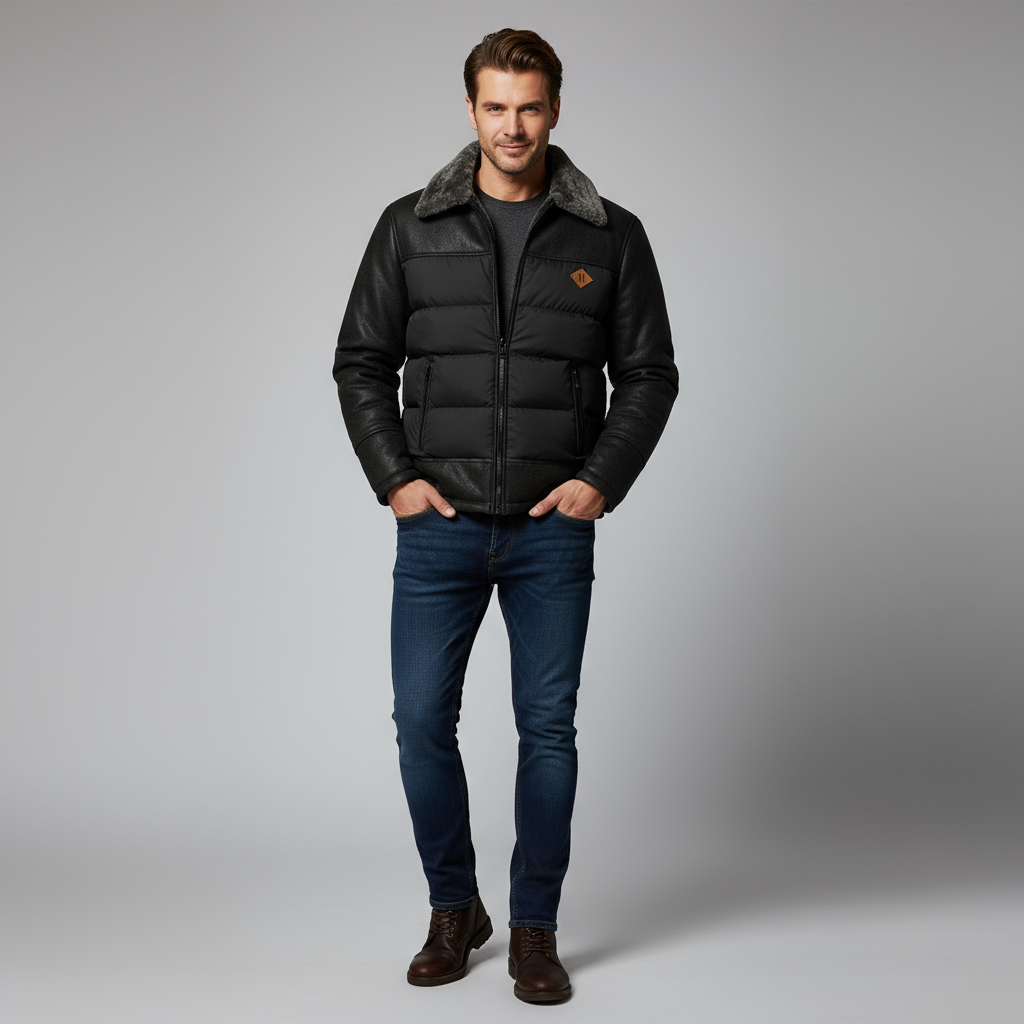 Herren Winterjacke Daunenjacke mit Pelzkragen und Reißverschluss - BerlinGlamour