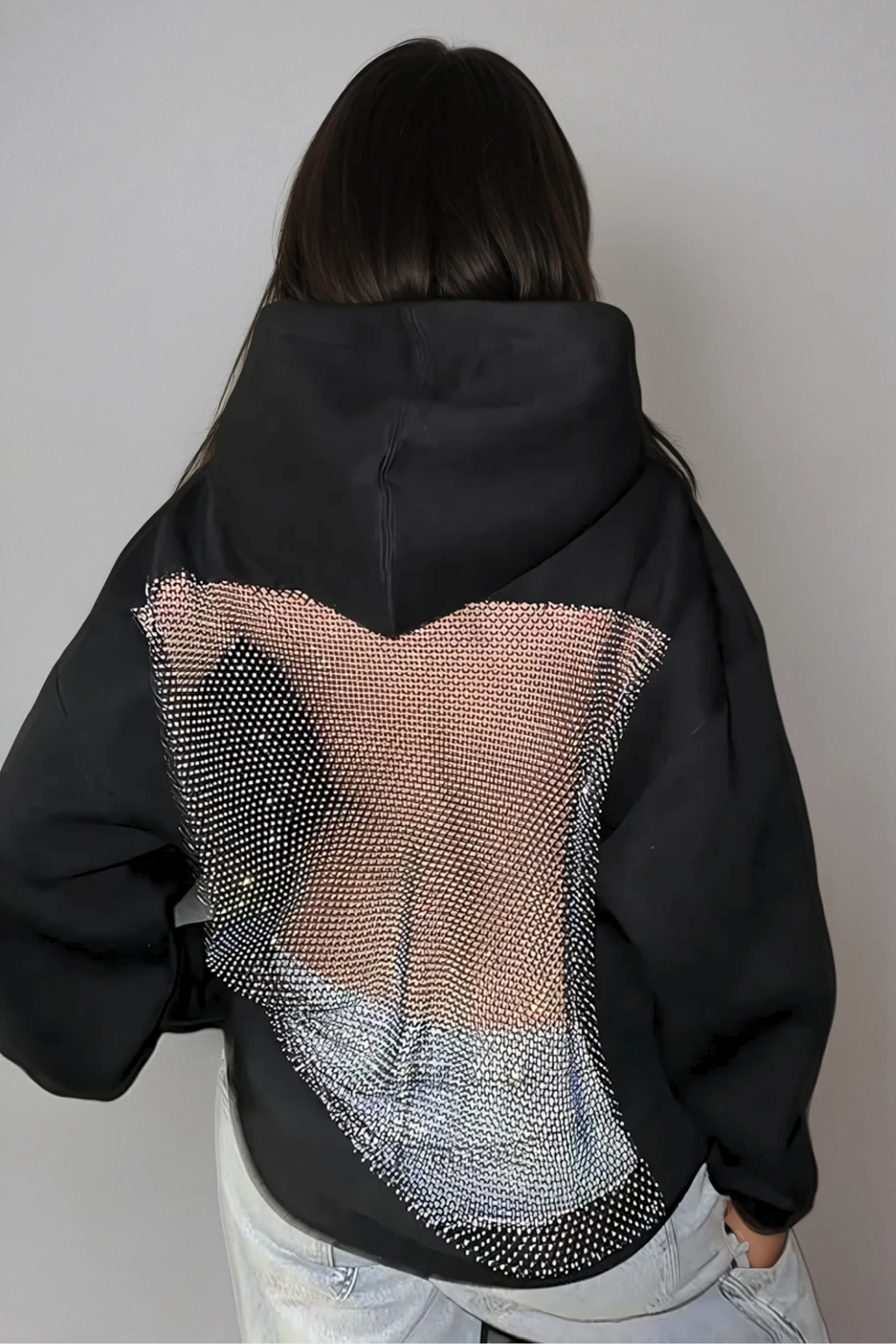 Glitzer Hoodie Damen Oversize Offener Rücken Mesh