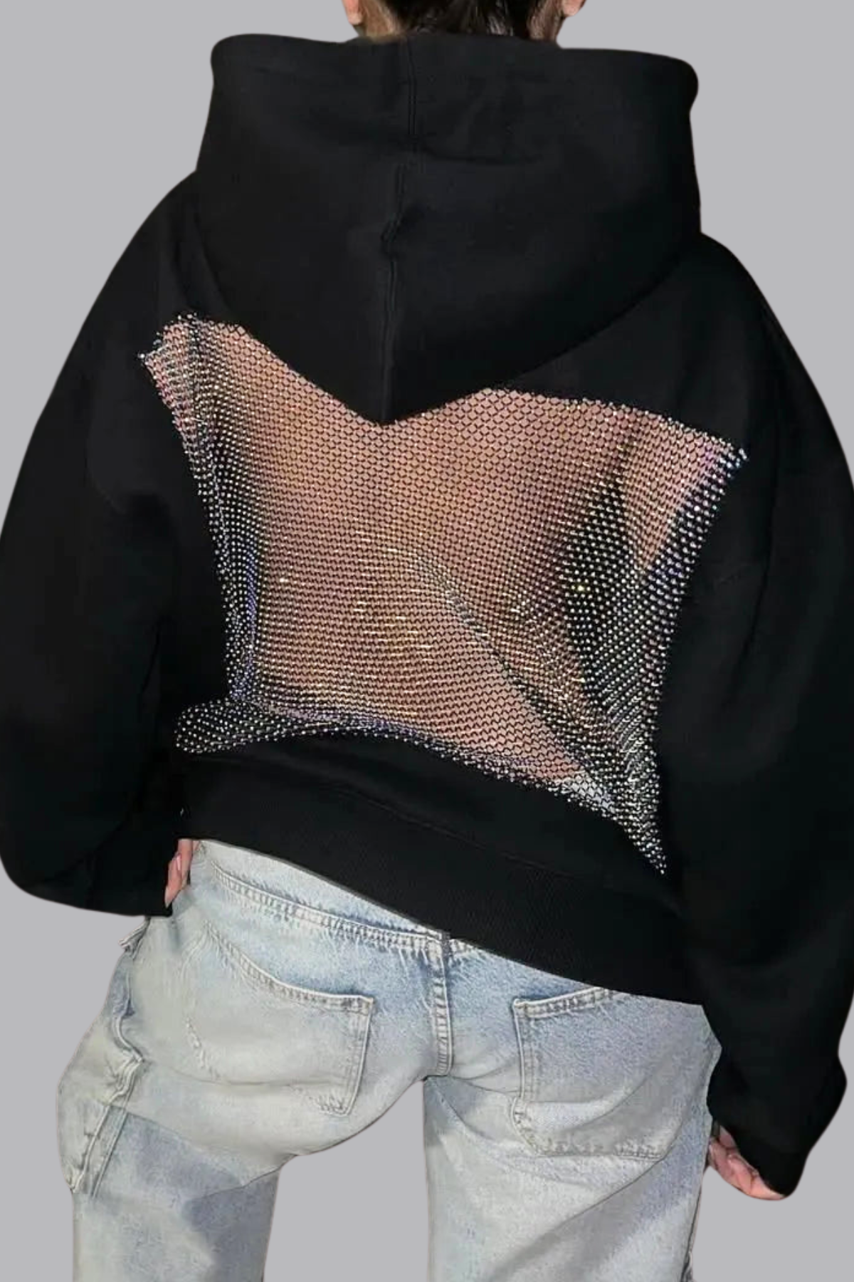 Glitzer Hoodie Damen Oversize Offener Rücken Mesh