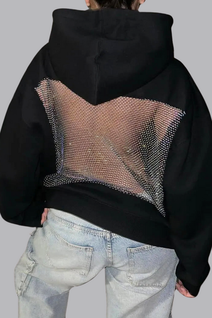 Glitzer Hoodie Damen Oversize Offener Rücken Mesh