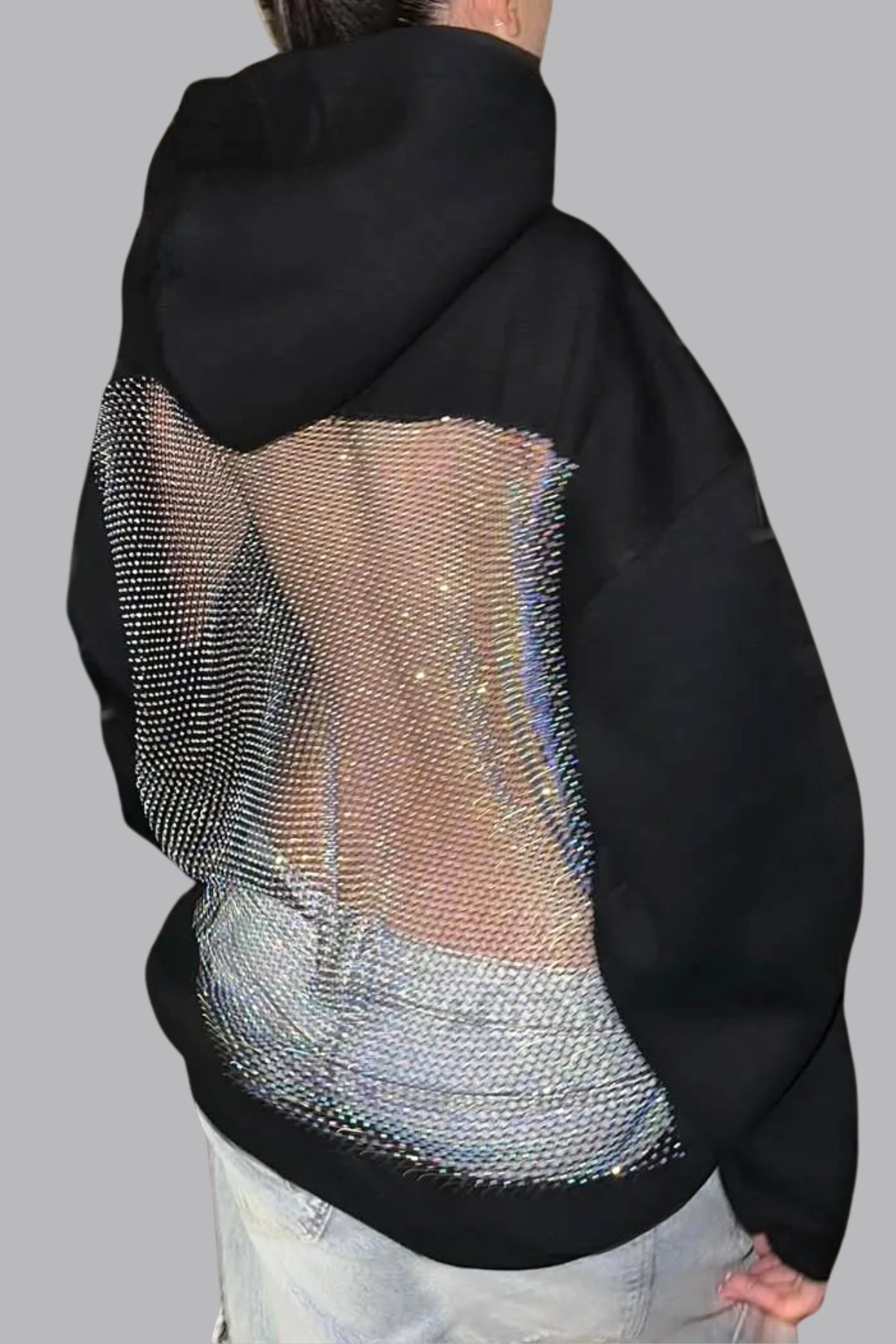 Glitzer Hoodie Damen Oversize Offener Rücken Mesh