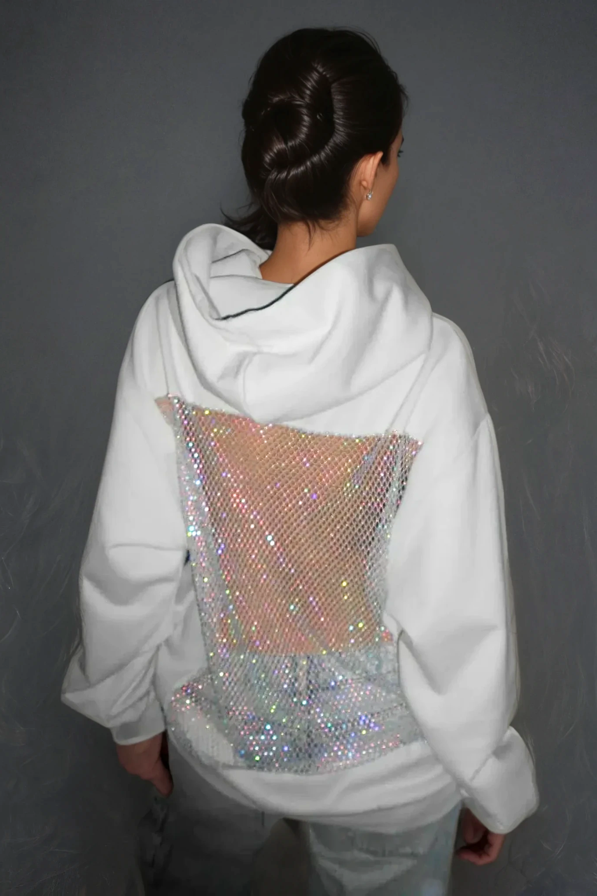 Glitzer Hoodie Damen Oversize Offener Rücken Mesh - BerlinGlamour