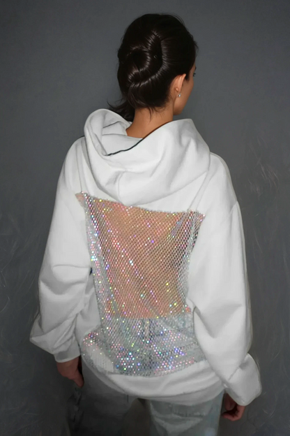 Glitzer Hoodie Damen Oversize Offener Rücken Mesh - BerlinGlamour