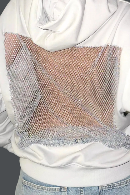 Weißer Oversize Hoodie Zamira mit offenem Rücken und glänzendem Mesh