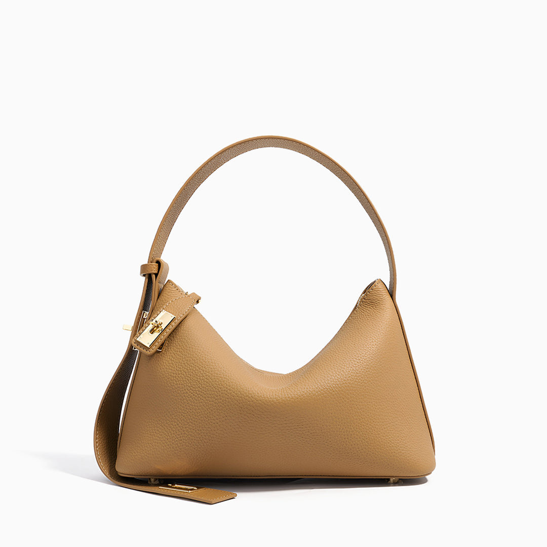 Damen-Schultertasche Leder Strukturiert Beige Gold - BerlinGlamour