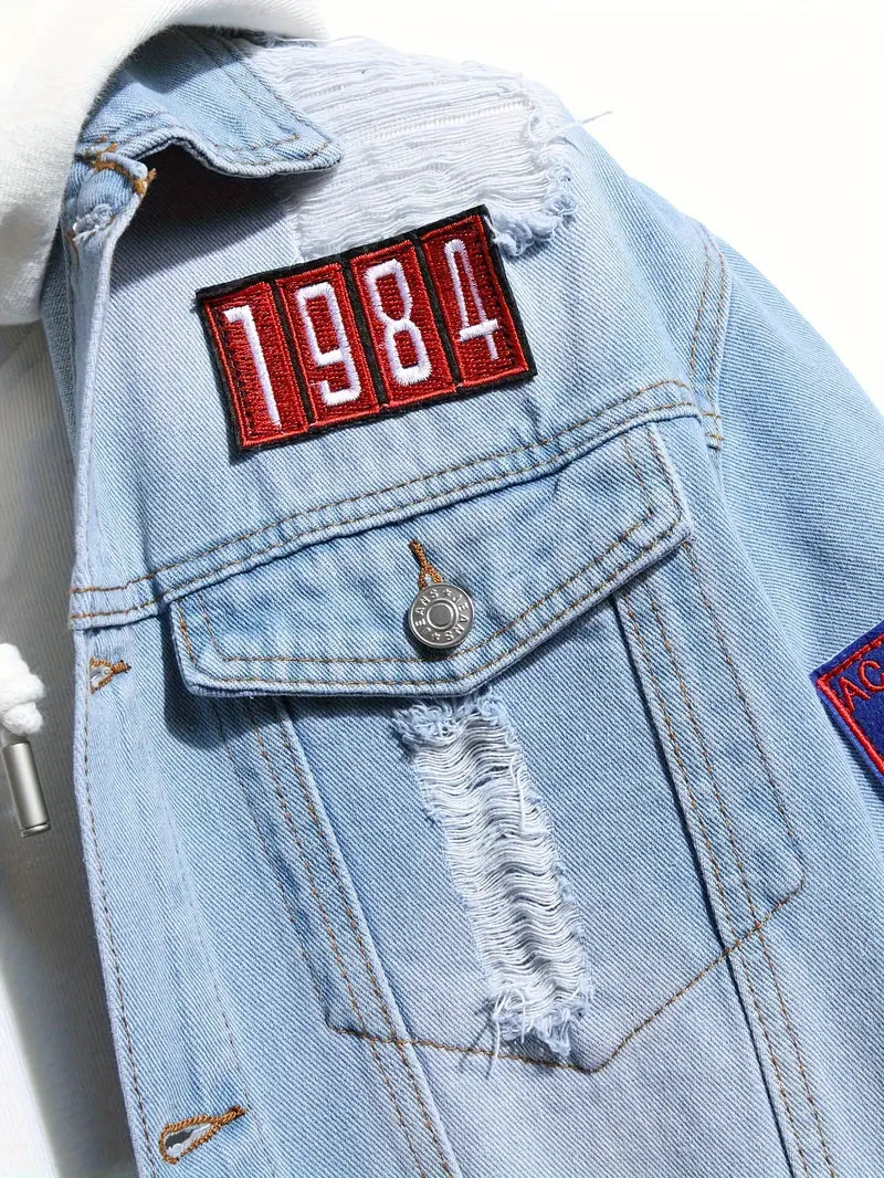 Denim Jacket - Casual - Hellblau - Jeansjacke mit Patches - Herrenjacke-Chaps Herrenmode
