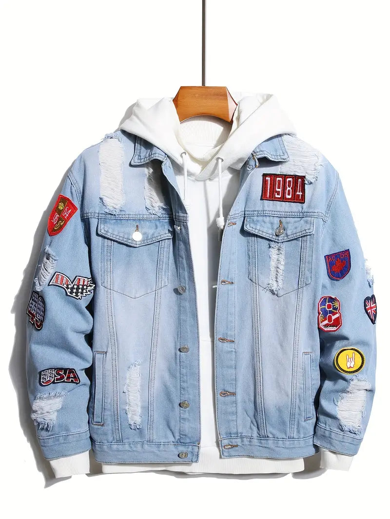 Herren Jeansjacke Hellblau mit Patches - BerlinGlamour