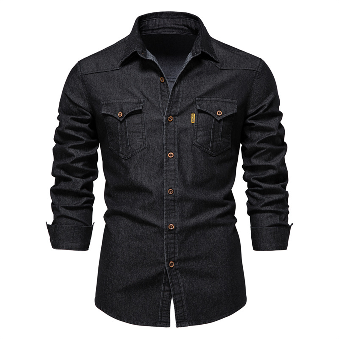 Herren Langarmhemd Blau Denim Button-Down - BerlinGlamour
