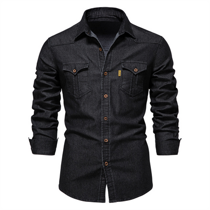 Herren Langarmhemd Blau Denim Button-Down - BerlinGlamour