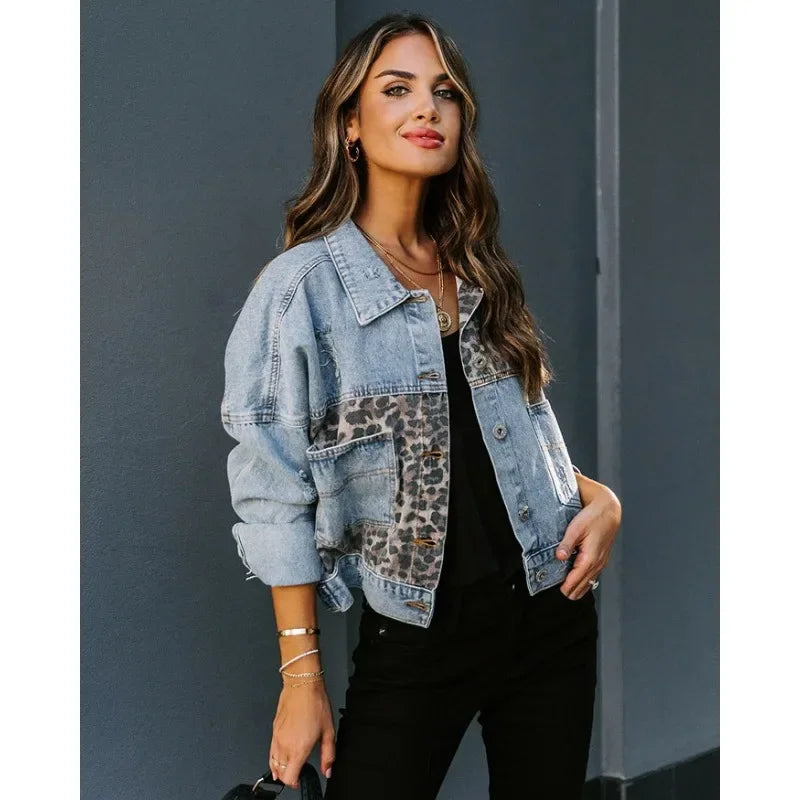 Leopard Denimjacke Stilvoll Frauen Trendy