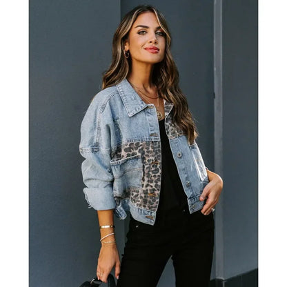 Leopard Denimjacke Stilvoll Frauen Trendy