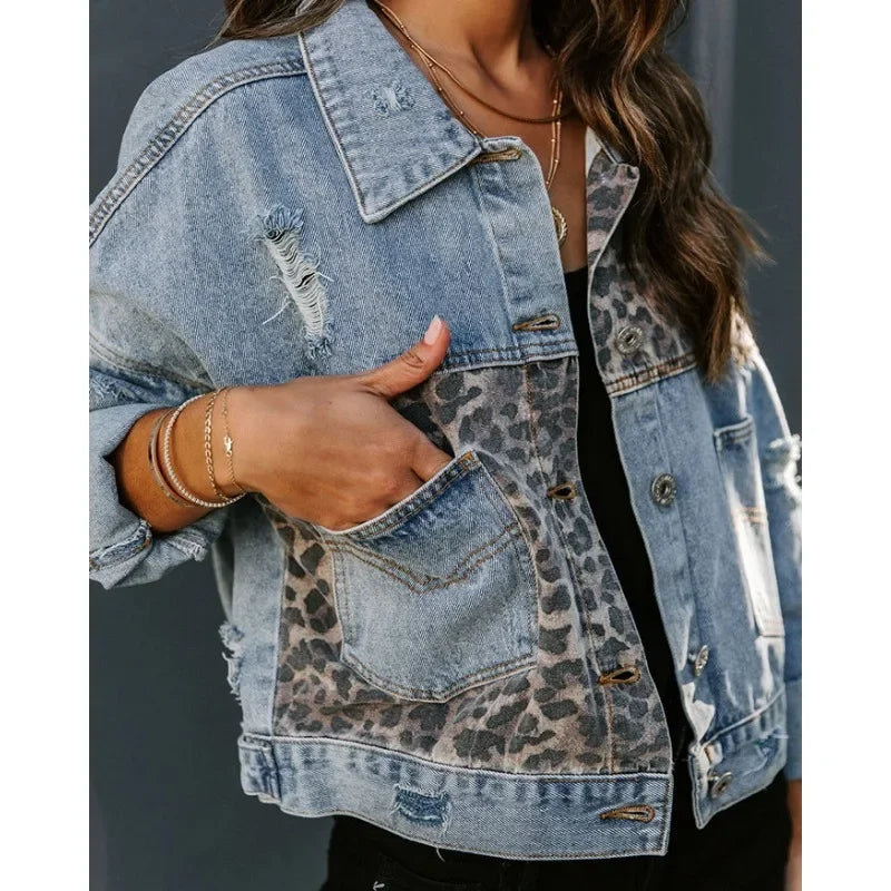 Leopard Denimjacke Stilvoll Frauen Trendy