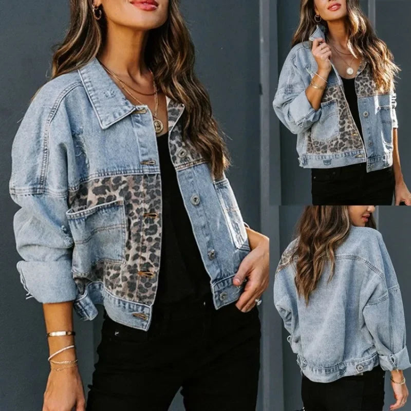 Leopard Denimjacke Stilvoll Frauen Trendy - BerlinGlamour