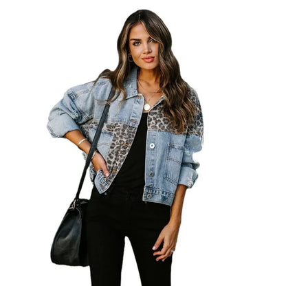 Leopard Denimjacke Stilvoll Frauen Trendy