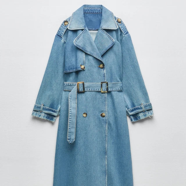 Damen Trenchcoat Lang Jeans Gürtel Modern