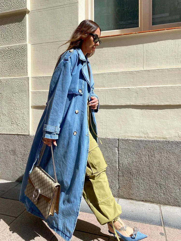 Damen Trenchcoat Lang Jeans Gürtel Modern