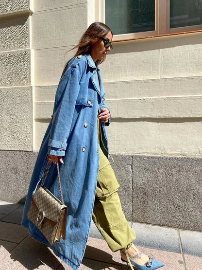 Damen Trenchcoat Lang Jeans Gürtel Modern