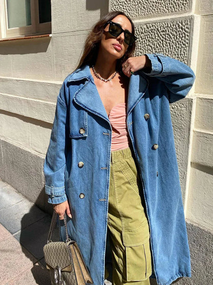 Damen Trenchcoat Lang Jeans Gürtel Modern