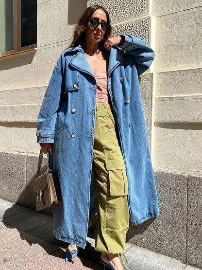 Damen Trenchcoat Lang Jeans Gürtel Modern - BerlinGlamour