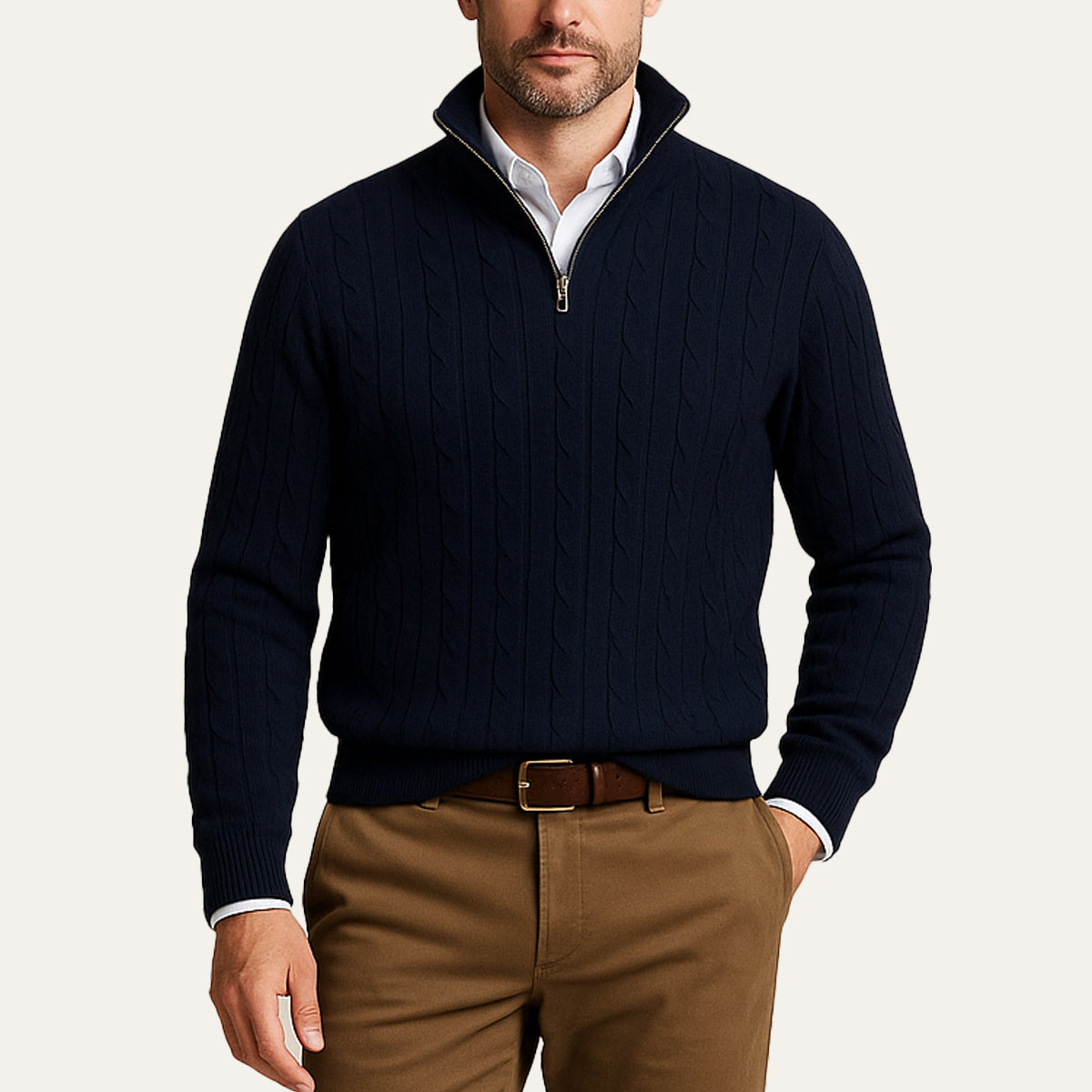 Der St. Moritz Zopfstrickpullover mit Reißverschluss für Herren – im Stil des alten Geldes 0