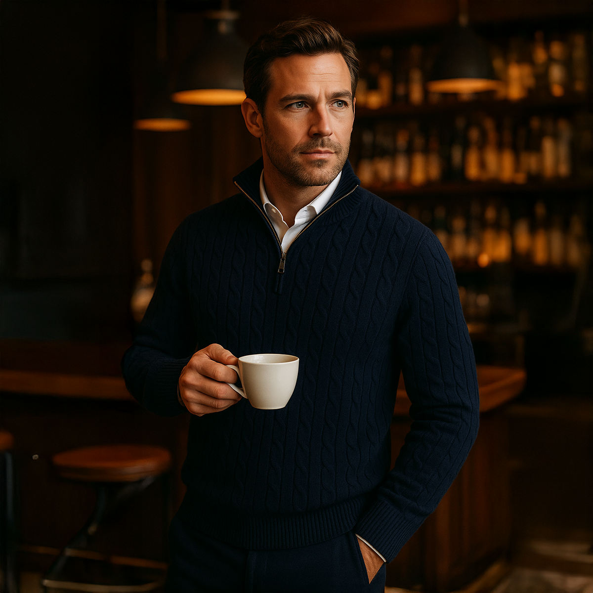 Der St. Moritz Zopfstrickpullover mit Reißverschluss für Herren – im Stil des alten Geldes 8