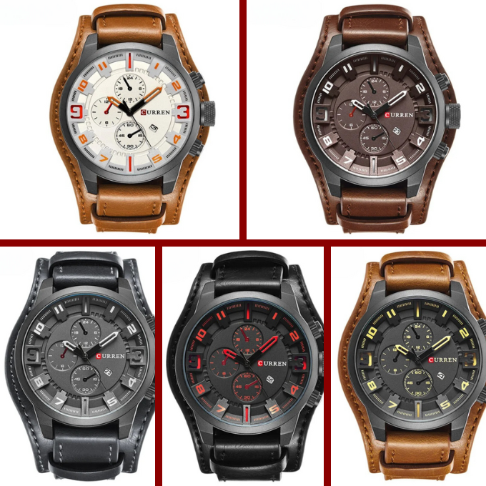 Herren Armbanduhr Chronograph Leder Schwarz Elegent
