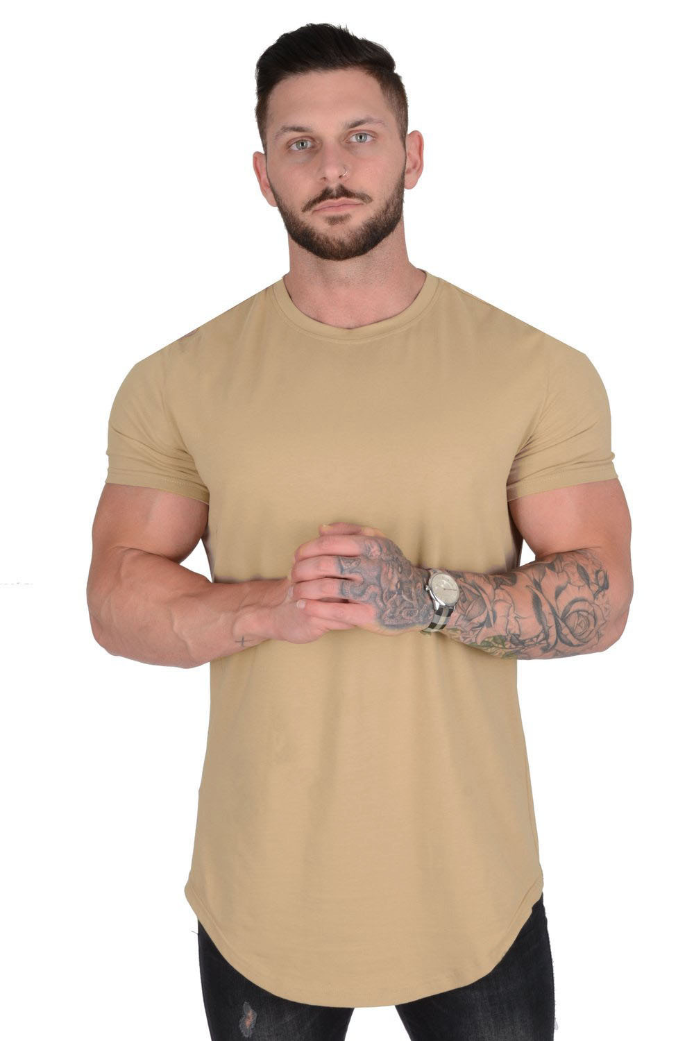 Einfarbiges T-Shirt – Herren-T-Shirt mit Rundhalsausschnitt-Khaki-S-Chaps Herrenmode