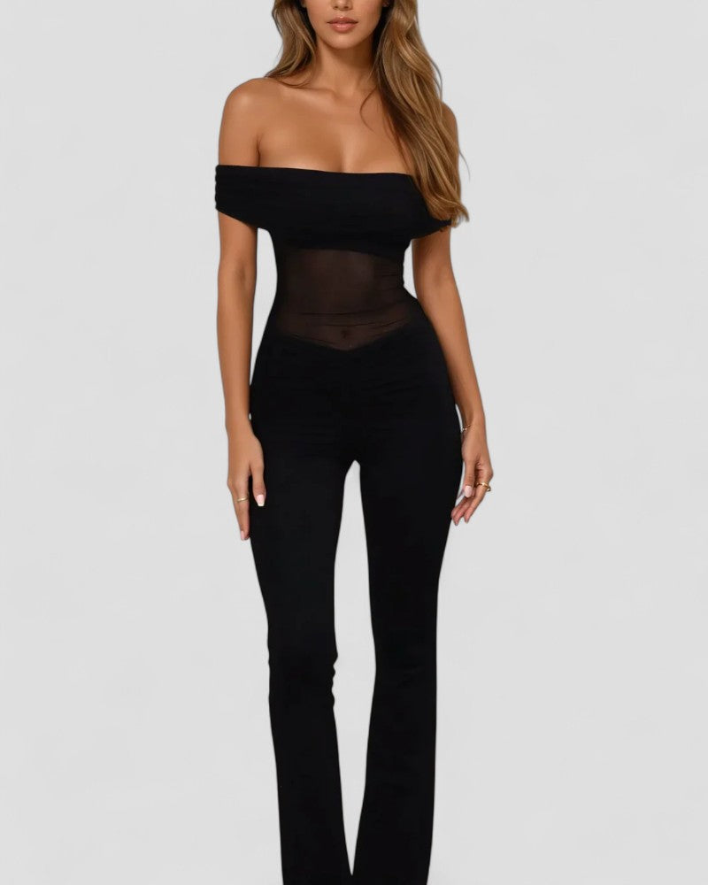 Eleganter, schulterfreier, figurbetonter Jumpsuit mit Netzeinsatz 0