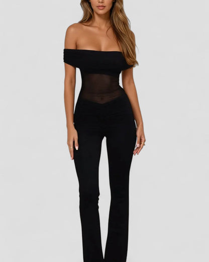 Eleganter, schulterfreier, figurbetonter Jumpsuit mit Netzeinsatz 0