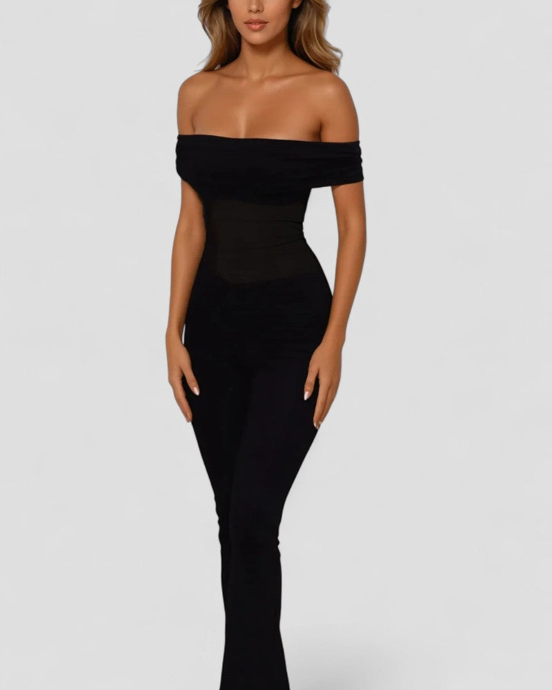 Eleganter, schulterfreier, figurbetonter Jumpsuit mit Netzeinsatz 1