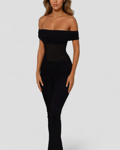 Eleganter, schulterfreier, figurbetonter Jumpsuit mit Netzeinsatz 1