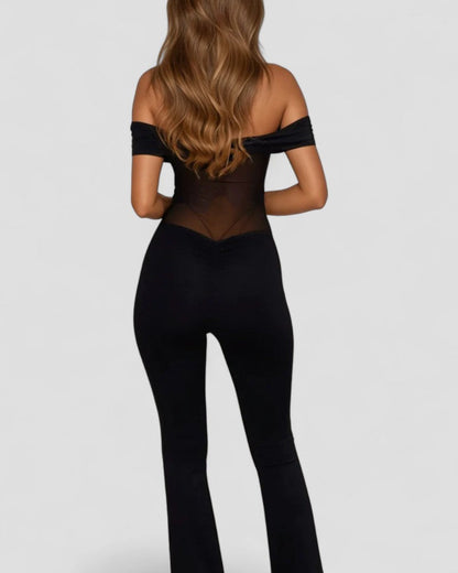 Eleganter, schulterfreier, figurbetonter Jumpsuit mit Netzeinsatz 2