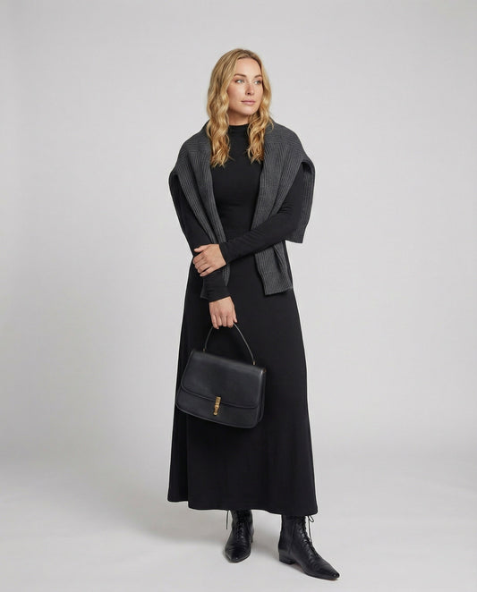Schwarzes Langarmkleid Hochtailliert Vintage Stil Baumwolle - BerlinGlamour