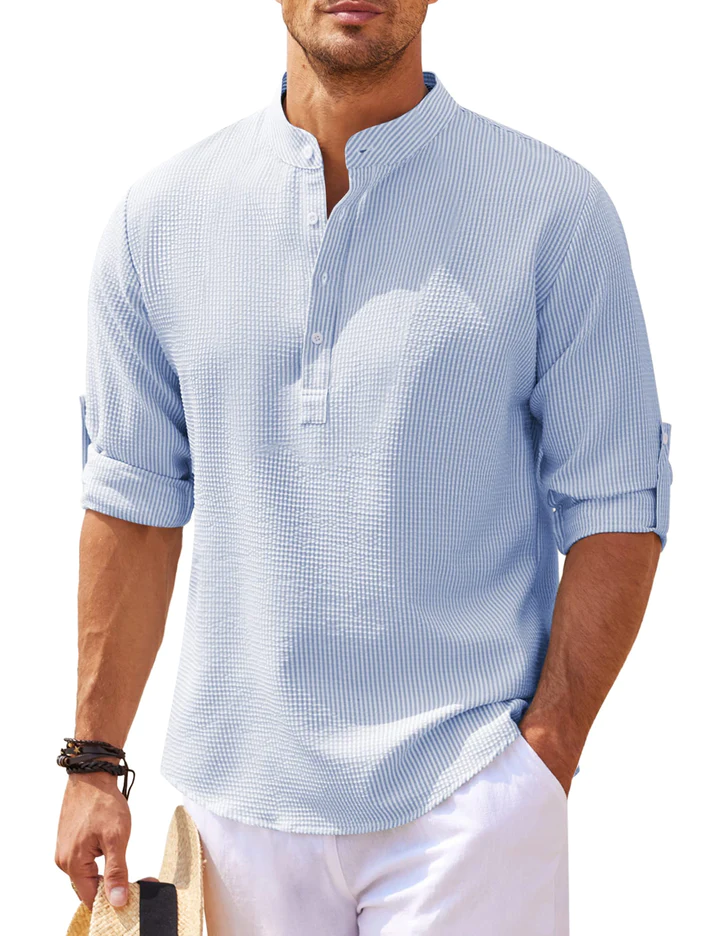 Herren-Henley-Shirt Nadelstreifen Stehkragen Knopfleiste