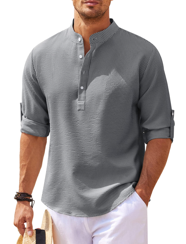 Herren-Henley-Shirt Nadelstreifen Stehkragen Knopfleiste