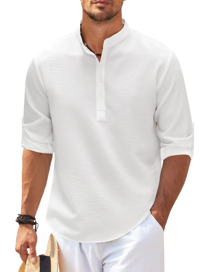 Herren-Henley-Shirt Nadelstreifen Stehkragen Knopfleiste