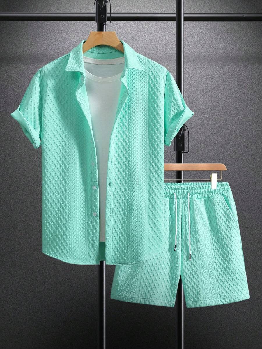 Herren Set 3D Waffelstruktur Hemd Shorts Sportlich